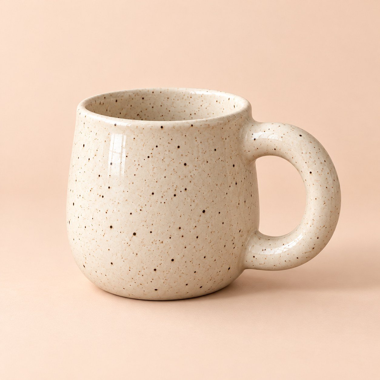 AI-generated studio treatment of the cream mug with warm light and a peach background