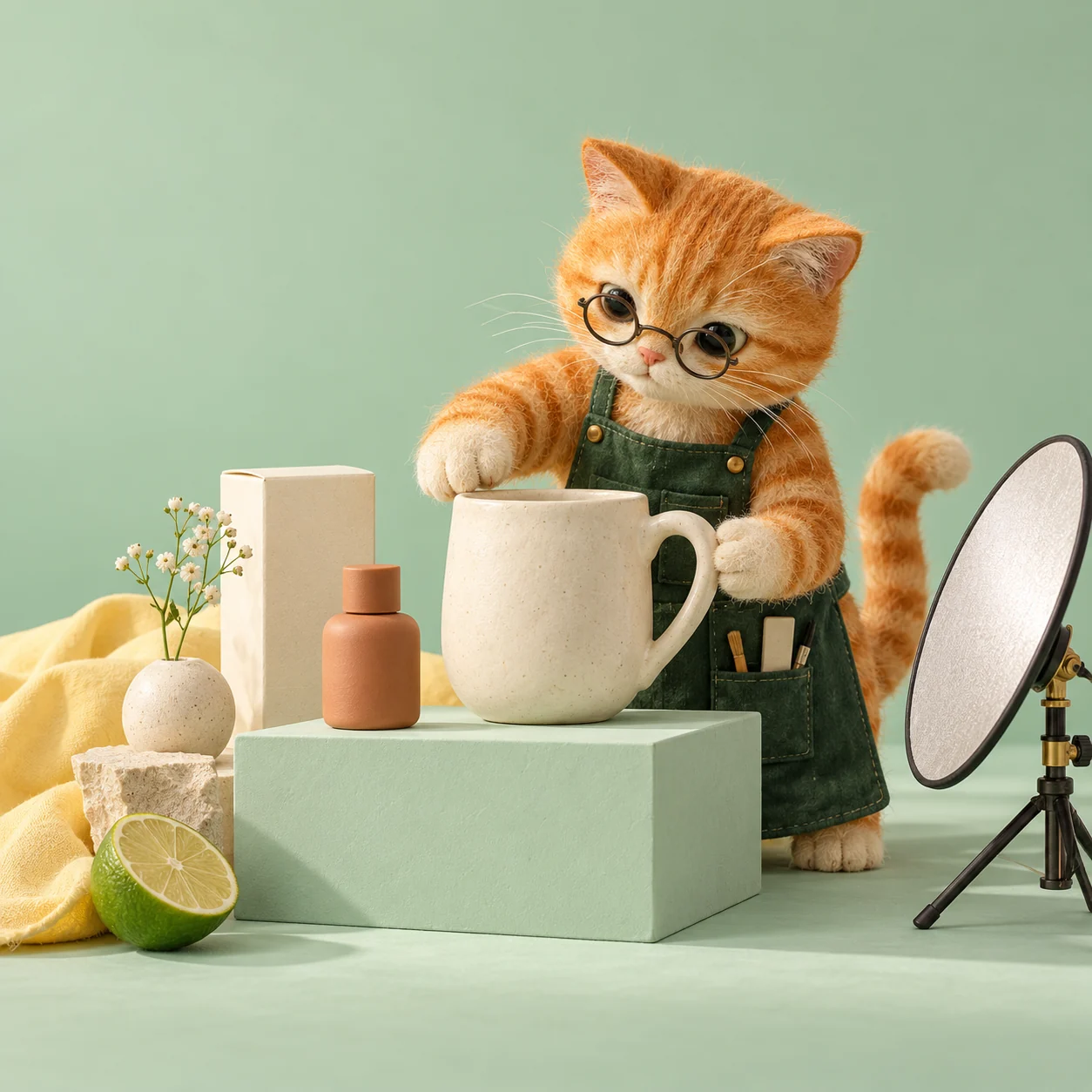 An orange cat art director styling products in a miniature photography studio